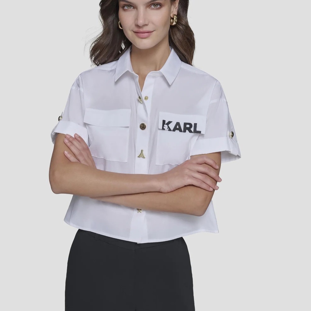 Karl Lagerfeld Paris Limited Edition White Button Up Shirt Gold Novelty Buttons